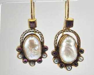 Victorian 14kt blister pearl, garnet and seed pearl dangle earrings