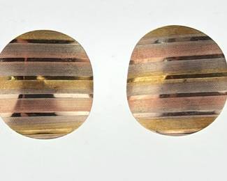Pair of tri colored 14kt gold Modernist disc earrings (no backs)