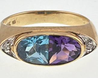 Attractive 14kt topaz, amethyst and diamond ring