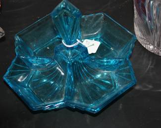 Vintage blue Indiana art deco glass relish dish
