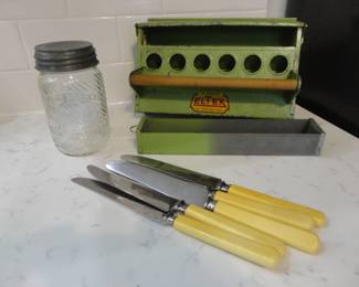 Antique Wade & Butcher Knives/Jumbo Peanut Jar/Eltex Bird Feeder