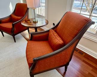2 Upholstered Arm Chairs with pillow.  Round Side Table. and Lamp.