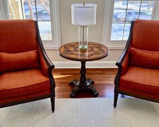 2 Upholstered Arm Chairs with pillow.  Round Side Table. and Lamp.