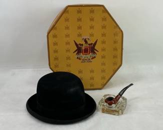 Wormser Bowler Hat, Italian Pipe & Glass Ashtray