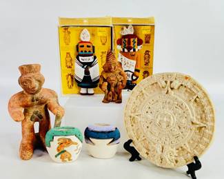 Mexican Terracotta & Kachina Figurines, Aztec Replica of the Sun Stone & More