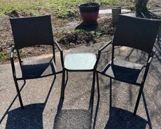 3 patio chairs $45 each 21x 20x 35”t
1 table $24.  16x16x 17”t