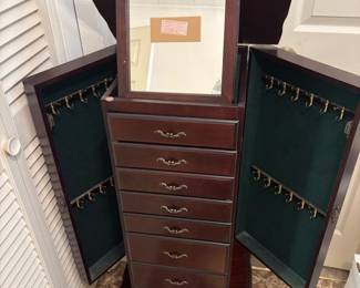 Jewelry Chest 8 drawers 2 doors and mirror $ 225.00. 18”w 15”d 41”t
