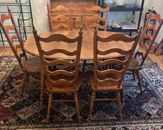 Tell City, IN Hard Rock Maple Dinning Table & 6 Chairs, 2 leafs  $900.00
Tbl: 59”-82”L, 42”d 29” Ladder back Chairs: 17.5”w 15”d 45”t