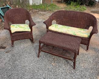 3 piece Brown wicker set $300.00
Loveseat: 65”w 25”d 31”t
Rocker: 30”w 34”d 34”t
Table: 32”w 20”d 18” t