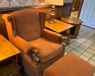 Burnt Orange Rocker/Swivel Lounge Chair with footstool $ 250.00 set
Chr: 32”w 33”d 36”t FS: 24”x 18” x 15”t