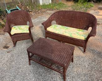 3 piece Brown wicker set $300.00
Loveseat: 65”w 25”d 31”t
Rocker: 30”w 34”d 34”t
Table: 32”w 20”d 18” t