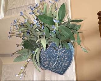 Blue Embossed Heart Tin with Faux ForgetMeNot and Greenery Arrangement