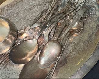 Silver Plated Serving Tray with Assorted Cutlery and Sugar Bowl third image