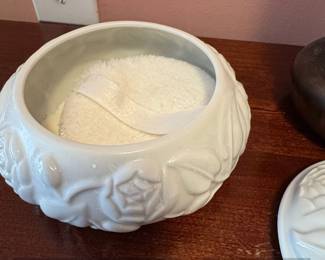 Vintage Germaine Monteil Embossed Rose Powder Box with Puff 