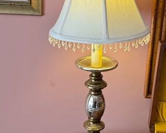 Vintage Brass Candlestick Table Lamp with Beaded Shade 