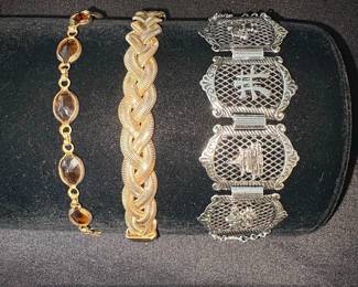 Lot of Three Bracelets GoldTone Gemstone, Braided GoldTone, and SilverTone Filigree with Chinese Characters