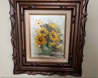 Vintage Floral Still Life Oil Painting by R. Puths Yellow Daisies