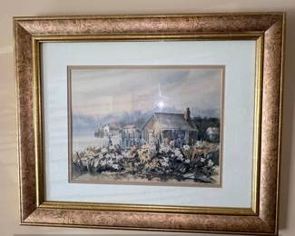 Framed Watercolor Landscape and Framed Print of a Fisherman second image