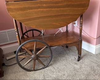 Vintage Wooden Tea Cart with Drop Leaves and Spoked Wheels 