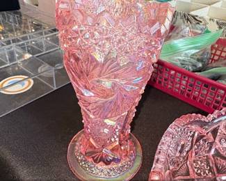 Pink Imperial Glass Sawtooth Vase and Relish Dish Set second image