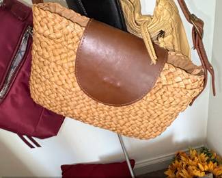 Assorted Womens Handbags Brighton Woven Straw, Burgundy Nylon Crossbody, Black Leather Embroidered, and Dark Brown Crocheted Bag third image