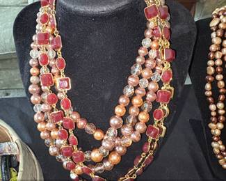 MultiStrand Pearl and Red Stone Necklace Set third image