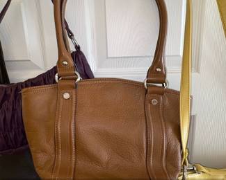 Lot of Four Womens Handbags B. Makowsky Yellow Leather Shoulder Bag, Tignanello Leather Hobo, Brown Pebbled Leather Satchel, and Purple Ruched Clutch third image