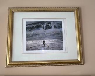 Framed Watercolor Landscape and Framed Print of a Fisherman third image