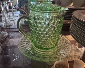 Fenton Green Hobnail Pitcher and Saucer