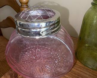 Pink Pressed Glass Jar with silver top third image