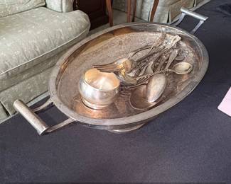 Silver Plated Serving Tray with Assorted Cutlery and Sugar Bowl