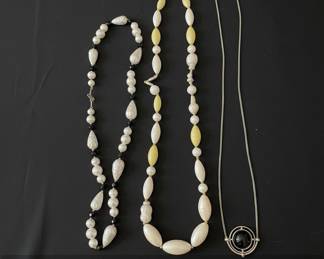 Lot of Three Vintage Necklaces Faux Pearl Black Bead, Cream  Yellow Oval Bead, and Black Cabochon Pendant
