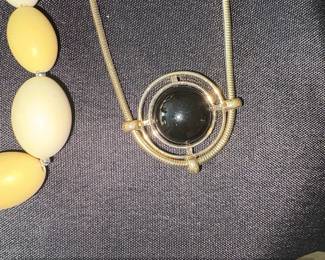Lot of Three Vintage Necklaces Faux Pearl Black Bead, Cream  Yellow Oval Bead, and Black Cabochon Pendant third image