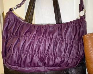 Lot of Four Womens Handbags B. Makowsky Yellow Leather Shoulder Bag, Tignanello Leather Hobo, Brown Pebbled Leather Satchel, and Purple Ruched Clutch fourth image