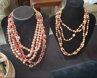 MultiStrand Pearl and Red Stone Necklace Set