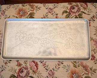 Vintage Embossed Aluminum Serving Tray with Dogwood Floral Motif
