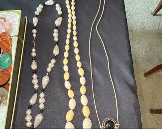 Lot of Three Vintage Necklaces Faux Pearl Black Bead, Cream  Yellow Oval Bead, and Black Cabochon Pendant second image