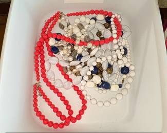 Lot of Assorted Beaded Necklaces Red, White, Blue, and Pearl Tones