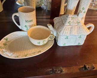 Belleek Irish Cottage Themed Ceramic Tea Set with Mug and Platter