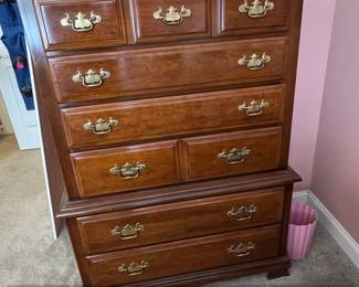 Vintage Cherry Wood Highboy Dresser with Brass Pulls