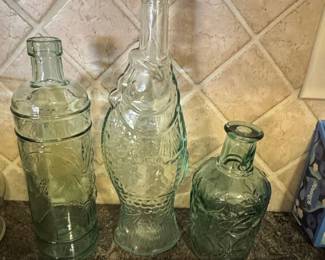 Set of Three Vintage Italian Glass Bottles Fish, Ribbed, Floral