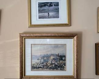 Framed Watercolor Landscape and Framed Print of a Fisherman