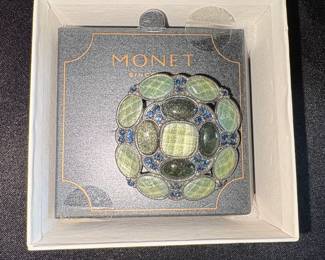 Monet Green Stone and Blue Crystal Brooch