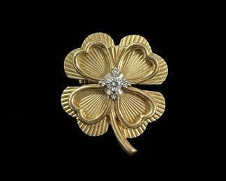 14K Yellow Gold Diamond Four-Leaf Clover Brooch Pin