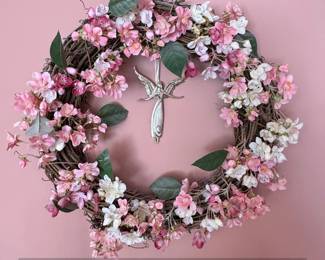 Artificial Cherry Blossom Wreath with SilverToned Angel Ornament