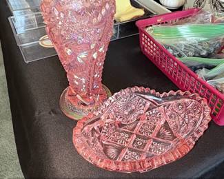 Pink Imperial Glass Sawtooth Vase and Relish Dish Set