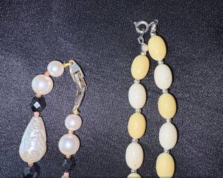 Lot of Three Vintage Necklaces Faux Pearl Black Bead, Cream  Yellow Oval Bead, and Black Cabochon Pendant fifth image