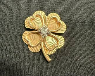14K Yellow Gold Diamond Four-Leaf Clover Brooch Pin