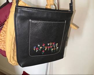 Assorted Womens Handbags Brighton Woven Straw, Burgundy Nylon Crossbody, Black Leather Embroidered, and Dark Brown Crocheted Bag second image