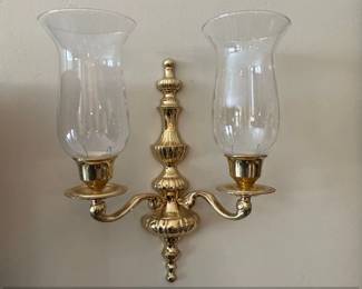 Pair of Brass Wall Sconces with Hurricane Glass Shades